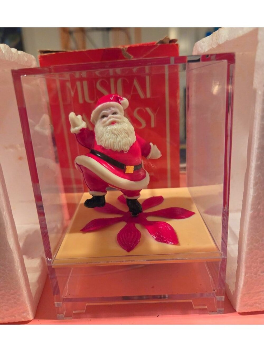 Vintage Santa Claus Music Box Figurine In Lucite Display Case NOS New Original B